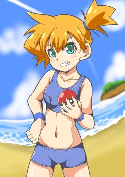 1girl beach bike_shorts bikini bikini_shorts blue_bikini blue_shorts blue_sky blush breasts cloud collarbone cowboy_shot day green_eyes grin hair_between_eyes hair_tie hand_on_own_hip holding holding_poke_ball looking_at_viewer midriff misty_(pokemon) navel nintendo ocean orange_hair outdoors poke_ball poke_ball_(basic) pokemon pokemon_(anime) pokemon_(classic_anime) pokemon_rgby ponytail sand short_hair short_shorts shorts side_ponytail sky smile solo sports_bikini sports_bra standing swimsuit teeth water wristband yoshimi_mizunoe