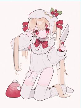 1girl blonde_hair blush bow bowtie censored commentary covered_navel detached_sleeves double-parted_bangs food fruit full_body hands_up hat highres holding holding_knife kneeling knife leg_warmers long_hair long_sleeves looking_at_viewer mosaic_censoring no_shoes one-piece_swimsuit original parted_lips red_bow red_bowtie red_eyes simple_background solo strawberry swimsuit thighhighs twintails upa_papa_co very_long_hair w white_background white_hat white_one-piece_swimsuit white_sleeves white_thighhighs