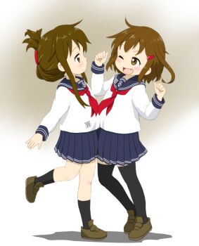 Rule 34 | 2girls, black socks, black thighhighs, blue sailor collar, blue skirt, brown eyes, brown hair, fang, folded ponytail, full body, ikazuchi (kancolle), inazuma (kancolle), kantai collection, long hair, long sleeves, multiple girls, one eye closed, pleated skirt, sailor collar, sailor shirt, school uniform, serafuku, shirt, short hair, skirt, smile, socks, thighhighs, white shirt, zatsu (zasshu neko)