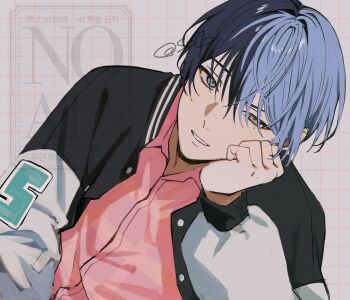 1boy aoyagi_touya blue_hair commentary_request grey_eyes head_tilt highres jacket looking_at_viewer male_focus mole mole_under_eye multicolored_hair project_sekai smile solo sorase_(so17p) split-color_hair teeth watermark