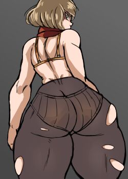 1girl absurdres ashley_graham ass bikini blonde_hair butt_crack charge_sol from_behind highres huge_ass looking_back pantyhose red_scarf resident_evil resident_evil_4 resident_evil_4_(remake) scarf short_hair swimsuit yellow_bikini yellow_eyes