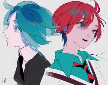 Rule 34 | 1girl, 1other, ahoge, amate yuzuriha, back-to-back, black necktie, black shirt, blue eyes, blue hair, blue shirt, collared shirt, commentary request, crossover, eyes visible through hair, floating hair, gundam, gundam gquuuuuux, highres, houseki no kuni, looking to the side, mihalme, necktie, open mouth, pale skin, phosphophyllite, puffy short sleeves, puffy sleeves, red hair, school uniform, shirt, short hair, short sleeves, simple background, striped necktie, sweater, teeth, upper body, voice actor connection, white background, white shirt, white sweater