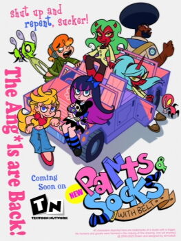 2boys 3others 4girls afro armlet ass_freckles beard black_dress black_hair black_pants black_shoes black_thighhighs blonde_hair blue_bow blue_eyes blue_hair blue_thighhighs body_freckles bow brief_(psg) briefs brown_shoes car cartoon_network cat chuck_(psg) colored_skin curly_hair dark-skinned_male dark_skin demon_horns denim dog dress earrings english_text facial_hair fang fangs fangs_out fastener_(psg) freckles frilled_dress frills garterbelt_(psg) glasses gothic_lolita green_eyes green_hair green_pants green_sweater hair_bow hair_ornament headphones hime_cut holding honekoneko_(psg) hoop_earrings horizontal_pupils horns jeans jewelry kneesocks_(psg) lolita_fashion long_hair long_sleeves looking_at_viewer male_underwear motor_vehicle multiple_boys multiple_girls multiple_others navel orange_hair panties pants panty_&amp;_stocking_with_garterbelt panty_(psg) parody pink_car pink_panties ponytail puffy_short_sleeves puffy_sleeves purple_hair red_eyes red_shirt red_shoes red_skin scanty_(psg) scout_uniform shirt shoes short_hair short_sleeves simple_background single_horn sitting stocking_(psg) striped_clothes striped_thighhighs style_parody sweater teeth tehnutball thighhighs two-tone_thighhighs underwear upper_teeth_only wavy_hair white_background white_thighhighs zipper