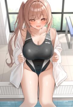 1girl :d black_one-piece_swimsuit blush breasts brown_eyes brown_hair cleavage collarbone commentary_request covered_navel highleg highleg_one-piece_swimsuit highres imouto-chan_(monaka_curl) large_breasts long_hair long_sleeves looking_at_viewer monaka_curl one-piece_swimsuit open_clothes open_mouth open_shirt original paid_reward_available pool shirt sitting smile solo swimsuit thighs water white_shirt