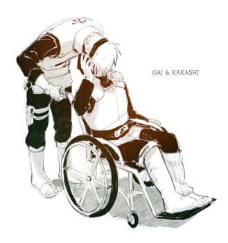 Rule 34 | 2boys, boots, boruto: naruto next generations, cast, character name, commentary request, flak jacket, greyscale, hatake kakashi, headband, jacket, kiss, korean commentary, leg cast, male focus, may c, might guy, monochrome, multiple boys, naruto (series), open-toe boots, wheelchair, yaoi