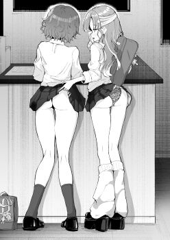 2girls absurdres animal_print ass bag black_socks classroom collared_shirt commentary finger_to_mouth gradient_hair greyscale gyaru hair_ornament hairclip highres indoors leopard_print leopard_print_panties lifting_another's_clothes loafers long_hair long_sleeves looking_at_viewer loose_socks monochrome multicolored_hair multiple_girls nanase_suzuna nijisanji panties print_panties saotome_berry school_bag school_uniform shirokumasan shirt shirt_tucked_in shoes shushing skirt skirt_rolled_up sleeves_rolled_up socks streaked_hair thong thong_panties underwear upskirt virtual_youtuber white_socks