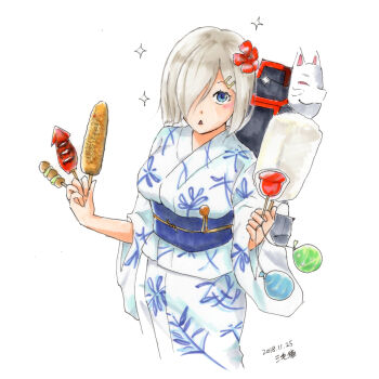 1girl :< blue_eyes candy_apple commentary_request corn cotton_candy cropped_legs dated flower food fox_mask hair_flower hair_ornament hair_over_one_eye hamakaze_(kancolle) hamakaze_(yukata)_(kancolle) highres holding holding_cotton_candy holding_food ikayaki japanese_clothes kantai_collection kimono mask mikeneko_2828 obi open_mouth sash short_hair signature solo sparkle triangle_mouth unworn_mask water_yoyo white_hair yukata