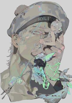 1boy 1girl closed_mouth covered_mouth cropped_head dagger fins fishing_net hair_between_eyes hashtag-only_commentary hat head_fins highres holding holding_dagger holding_knife holding_mini_person holding_weapon in_palm knife looking_at_viewer medium_hair mermaid mgong520 mini_person minigirl monster_girl one_eye_covered original sailor_hat short_hair simple_background size_difference weapon white_background white_eyes white_hair