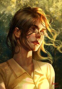 Rule 34 | 1girl, absurdres, breasts, brown eyes, brown hair, character name, collared shirt, commentary request, ehye520, glasses, green background, hange zoe, highres, korean commentary, medium breasts, medium hair, messy hair, parted bangs, parted lips, portrait, shingeki no kyojin, shirt, simple background, solo, upper body, yellow shirt