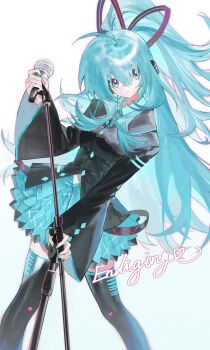 1girl ahoge aqua_eyes aqua_hair aqua_nails aqua_skirt black_jacket closed_mouth hair_between_eyes hair_ribbon half_updo hatsune_miku hatsune_miku_(if) headphones highres holding holding_microphone holding_microphone_stand jacket kikishuiyin111 long_hair long_sleeves looking_at_viewer microphone microphone_stand official_alternate_costume ribbon simple_background skirt solo very_long_hair vocaloid white_background wide_sleeves