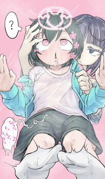 1futa 1girl ? aqua_jacket black_hair black_shorts blonde_streaks blue_eyes blush bow cevio closed_mouth collarbone colored_eyelashes crossover drooling flower from_below futa_with_female futanari hair_bow hair_flower hair_ornament hand_on_another's_head iyowa_girls jacket knees kurari-chan_(iyowa) kyu-kurarin_(cevio) medoshikorinda mind_break multicolored_hair open_mouth phony_(cevio) pink_background pink_bow pink_eyes pink_flower purple_hair shirt short_hair shorts socks speech_bubble streaked_hair sweat white_shirt white_socks
