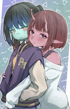 2girls alien android antennae black_hair blue_shorts brown_hair colored_skin commentary_request denim denim_shorts highres hug hug_from_behind jacket janome_yuiwa kujo_chiharu kurusu_makina_(milky_galactic_universe) letterman_jacket milky_subway multiple_girls off-shoulder_sweater off_shoulder pink_eyes pointy_ears purple_jacket red_eyes red_skin short_hair shorts sweater white_sweater