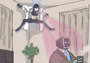 1girl android_(blue_archive) bagaponchi baseball_cap black_hat blue_archive blue_halo buckle coat cup formal_clothes glowing glowing_eyes halo harness hat highres meme mug navel no_mask on_wall plant robot saori_(blue_archive) shirt sleeveless sleeveless_shirt snap-fit_buckle steam suit white_coat