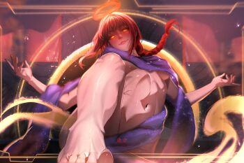 Rule 34 | 1girl, braid, braided ponytail, breasts, chainsaw man, closed mouth, esmile, feet, halo, highres, long hair, looking at viewer, makima (chainsaw man), navel, red hair, red halo, ringed eyes, small breasts, solo, yellow eyes