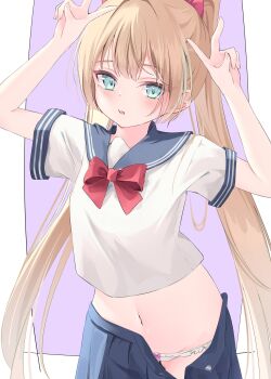 1girl absurdres aqua_eyes arms_up blonde_hair blue_sailor_collar blue_skirt blush border bow bow_panties bowtie choppy_bangs commentary_request cowboy_shot crop_top cropped_shirt double_v frilled_panties frills groin highres long_hair looking_at_viewer lowleg lowleg_panties midriff navel open_clothes open_fly open_skirt original outside_border panties parted_lips purple_background red_bow red_bowtie sailor_collar school_uniform serafuku shirt short_sleeves simple_background skirt solo standing twintails underwear v very_long_hair white_border white_panties white_shirt yamamotokeisuke1004
