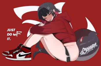 1girl absurdres alternate_costume ammak black_choker black_hair black_shorts breasts candy choker clothes_pull colored_inner_hair commentary dolphin_shorts ear_piercing ellen_joe fins fish_tail food from_side hair_ornament highres holding holding_candy holding_food holding_lollipop hood hood_down hoodie hugging_own_legs just_do_it_(meme) knees_up large_breasts lollipop looking_at_viewer meme micro_shorts mole mole_under_eye multicolored_hair nike_(company) piercing red_background red_eyes red_hair red_hoodie saliva saliva_trail scar scar_on_tail shark_girl shark_tail sharp_teeth short_hair shorts shorts_pull simple_background solo tail teeth thick_thighs thighs tongue tongue_out upper_teeth_only x_hair_ornament zenless_zone_zero