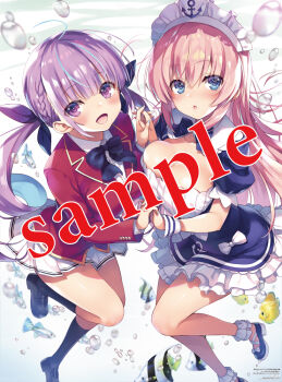 2girls advanced_nurturing_high_school_uniform ahoge air_bubble anchor_print anchor_symbol animal black_shoes black_socks blazer blue_eyes blue_hair blush bow braid breasts bubble buttons cleavage clothing_cutout collared_shirt commentary_request cosplay costume_switch dress fingernails fish frills holding_hands hololive ichinose_honami_(youjitsu) interlocked_fingers jacket large_breasts loafers long_hair long_sleeves looking_at_viewer maid maid_headdress minato_aqua minato_aqua_(1st_costume) miniskirt multicolored_hair multiple_girls nail_polish official_art open_mouth pink_hair pleated_skirt puffy_short_sleeves puffy_sleeves purple_eyes purple_hair sample_watermark school_uniform second-party_source shiny_skin shirt shoes short_dress short_sleeves simple_background skirt smile socks thighs tomose_shunsaku twintails two-tone_hair virtual_youtuber watermark white_headdress white_shirt white_skirt wrist_cuffs youkoso_jitsuryoku_shijou_shugi_no_kyoushitsu_e