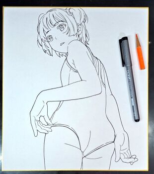 1girl adjusting_clothes adjusting_swimsuit art_tools_in_frame ass blunt_bangs breasts competition_school_swimsuit cowboy_shot expressionless from_behind hashtag-only_commentary hiyori_mizuki looking_at_viewer looking_back marker_(medium) one-piece_swimsuit original photo_(medium) school_swimsuit shikishi short_hair simple_background small_breasts solo swimsuit thighs traditional_media two_side_up white_background