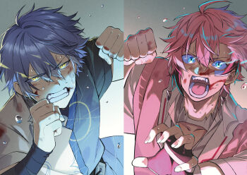 Rule 34 | 2boys, absurdres, akagi wen, akagi wen (1st costume), angry, bandaid, bandaid on face, black hair, blood, blood on face, blue background, blue eyes, blue hair, blue shirt, bruise, commentary request, ebippoid, fingerless gloves, gloves, gradient background, grimace, highres, injury, koyanagi rou, koyanagi rou (1st costume), long sleeves, multiple boys, nijisanji, nosebleed, pink background, pink hair, punching, purple gloves, shirt, short hair, shouting, teeth, tongue, two-tone shirt, upper body, virtual youtuber, white shirt, yellow eyes