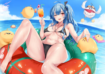 1girl ;d ahoge azur_lane barefoot bird black_hair blue_hair blue_sky blush breasts breasts_apart cloud cup day drinking_straw feet floating glass hair_ribbon holding holding_cup horizon ice ice_cube innertube irohara long_hair manjuu_(azur_lane) marco_polo_(azur_lane) medium_breasts mole mole_under_eye navel ocean one_eye_closed open_mouth outdoors red_eyes ribbon sidelocks sky smile solo swim_ring swimsuit thighs toes