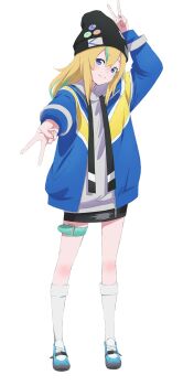 1girl black_cap black_skirt blonde_hair blue_eyes blue_jacket blush brooch cap green_hair hand_up highres jacket jewelry long_hair looking_at_viewer multicolored_hair multicolored_jacket open_clothes open_jacket pink_hair shoes skirt smile socks solo transparent_background two-tone_jacket very_long_hair white_background white_socks yamanouchi_kano yellow_jacket yoru_no_kurage_wa_oyogenai