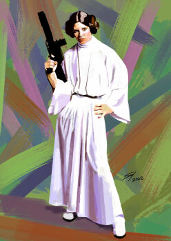 1girl abstract_background absurdres boots brown_eyes brown_hair double_bun dress full_body gun hair_bun hand_on_own_hip highres holding holding_gun holding_weapon looking_at_viewer princess_leia procreate_(medium) sarah_yatomi signature solo star_wars star_wars:_a_new_hope weapon white_boots white_dress