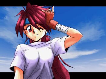 Rule 34 | 1990s (style), 1girl, aochi takayuki, arm wrap, bad id, blue headband, blue sky, brown gloves, closed mouth, fingerless gloves, gloves, hair between eyes, hand in own hair, headband, letterboxed, long hair, looking at viewer, one eye closed, original, outside border, ponytail, red eyes, red hair, retro artstyle, shirt, short sleeves, sky, smile, solo, upper body, white shirt