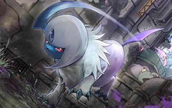 Rule 34 | absol, animal focus, artist request, brick wall, bright pupils, claws, gen 3 pokemon, grate, gulpin, horns, industrial pipe, nintendo, no humans, pokemon, pokemon (creature), pokemon focus, pokemon tcg, red eyes, rust, second-party source, sewer grate, single horn, skitty, solo focus, water, white pupils