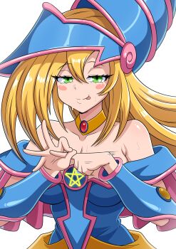 1girl :p absurdres bare_shoulders blonde_hair blue_helmet blush_stickers bracer breasts cleavage commentary dark_magician_girl duel_monster english_commentary green_eyes half-closed_eyes helmet highres large_breasts long_hair looking_at_viewer off_shoulder penetration_gesture pentagram simple_background solo theoiledone tongue tongue_out upper_body white_background yu-gi-oh!