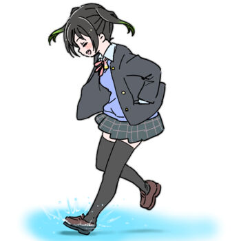1girl :d black_jacket black_thighhighs blue_skirt blue_sweater breasts commentary from_side full_body gradient_hair green_hair hashtag-only_commentary jacket lone_nape_hair love_live! love_live!_nijigasaki_high_school_idol_club medium_breasts miniskirt multicolored_hair neck_ribbon nijigasaki_school_uniform open_clothes open_jacket open_mouth pink_ribbon pleated_skirt profile ribbon school_uniform shinanoya_(satanicad) simple_background skirt smile solo sweater takasaki_yu thighhighs twintails water white_background zettai_ryouiki