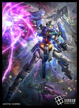 absurdres aqua_eyes asteroid beam_rifle black_border border commentary_request copyright_logo copyright_name copyright_notice energy_beam energy_gun explosion firing g_bouncer glowing glowing_eyes gun gundam gundam_age gundam_age-2 gundam_card_game highres holding holding_gun holding_weapon logo mecha mechanical_wings mobile_suit no_humans official_art raruru robot science_fiction shield space thrusters v-fin weapon wings zeydra