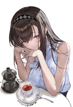 1girl absurdres arknights bare_arms black_hair black_hairband blush breasts closed_mouth coffee coffee_pot commentary_request cup dated diamond-shaped_pupils diamond_(shape) elbow_rest gn_tuituji hairband head_rest highres long_hair looking_at_viewer priestess_(arknights) purple_eyes saucer simple_background sleeveless sleeveless_sweater smile solo spoon sweater symbol-shaped_pupils turtleneck turtleneck_sweater white_background white_sweater