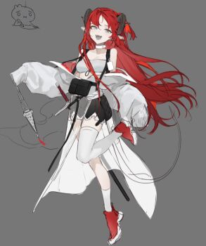 1girl :d artist_self-insert bag black_skirt commentary english_commentary fang full_body green_eyes grey_background hair_flowing_over holding horns id_card jacket jacket_partially_removed leg_up long_hair looking_at_viewer open_mouth original red_hair scabbard sheath sheep_horns shoulder_bag simple_background single_leg_pantyhose sketch_inset skirt smile socks solo standing standing_on_one_leg stomach very_long_hair wavy_hair white_socks yoimon