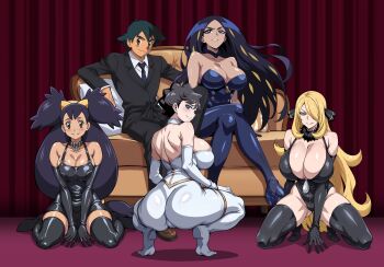 1boy 4girls ai-assisted ash_ketchum ass bare_shoulders bdsm black_hair blonde_hair blue_eyes blue_hair bondage bondage_outfit boots bound breasts brown_hair cleavage collarbone couch crossed_legs curtains cynthia_(pokemon) dark-skinned_female dark_skin diantha_(pokemon) double_bun formal_clothes geeta_(pokemon) gloves grey_eyes hair_bun hair_over_one_eye harem high_heel_boots high_heels iris_(pokemon) large_breasts latex latex_gloves latex_legwear long_hair looking_at_viewer looking_back multicolored_hair multiple_girls necktie nintendo open_mouth pokemon pokemon_(anime) pokemon_bw_(anime) pokemon_dppt_(anime) pokemon_sv pokemon_xy_(anime) purple_hair short_hair sitting smile squatting suit yxyyxy
