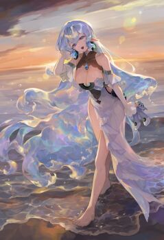 1girl absurdres aoijigoku barefoot breasts cleavage commission dress earrings evening feet hand_in_own_hair high_heels highres holding holding_shoes holding_unworn_clothes horizon jewelry large_breasts liquid_hair long_hair looking_at_viewer ocean open_mouth original pointy_ears sand see-through_clothes shoes shore smile sophia_(cieluscian) unworn_shoes white_dress