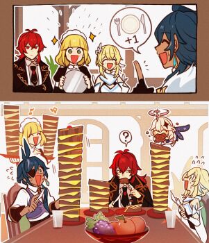 &quot;once_upon_a_time_in_mondstadt&quot;_(genshin_impact) 2boys 3girls ? ^_^ absurdres adelinde_(genshin_impact) antenna_hair apple apron beamed_eighth_notes black_coat black_necktie blonde_hair blue_eyes blue_hair blush border bowl brown_border cape closed_eyes coat commentary crossed_bangs cup dark-skinned_male dark_skin diluc_(genshin_impact) door dress earrings eating eighth_note english_commentary enpitsu01 expressive_hair eyepatch flying_sweatdrops food fork fruit fruit_bowl fur_cape fur_trim genshin_impact grapes green_eyes grey_hair hair_ornament hair_over_shoulder halo highres holding holding_food holding_fork holding_knife indoors jewelry kaeya_(genshin_impact) knife long_hair long_sleeves lumine_(genshin_impact) maid maid_headdress medium_hair multicolored_hair multiple_boys multiple_girls musical_note necktie no_cape no_gloves npc_(genshin_impact) open_mouth outline paimon_(genshin_impact) plate ponytail purple_vest red_eyes red_hair red_necktie shirt short_hair single_earring sleeve_cuffs smile sparkle spoken_number spoken_object spoken_question_mark stack streaked_hair surprised sweat swept_bangs triangle_mouth two-tone_hair two-tone_necktie vest white_dress white_hair white_outline white_shirt wide-eyed wings