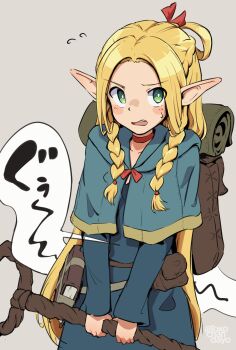 1girl absurdres bag blonde_hair blue_capelet blue_dress blush_stickers book braid bright_pupils capelet choker commentary_request cowboy_shot dress dungeon_meshi elf forehead green_eyes grey_background half_up_braid highres holding holding_staff hungry long_hair long_sleeves looking_at_viewer mage_staff marcille_donato open_mouth pointy_ears red_choker rokochandayo side_braids simple_background solo speech_bubble staff standing stomach_growling sweat v-shaped_eyebrows white_pupils