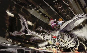 1other 2girls ambiguous_gender animal beetle_05_(toaru) beret blonde_hair blue_dress brown_hair cannon child commentary dark_background dress fremea_seivelun full_body giant_insect hat kakine_teitoku kakine_teitoku_(post-revival) last_order_(toaru_majutsu_no_index) long_hair long_sleeves medium_hair motion_blur multiple_girls non-humanoid_robot open_mouth oversized_animal pink_dress railroad_tracks red_hat red_thighhighs rhinoceros_beetle robot robot_animal running scene_reference science_fiction shirt sparks stag-beetle subway thighhighs toaru_majutsu_no_index toaru_majutsu_no_index:_new_testament tunnel underground white_beetle_(toaru) white_shirt wings