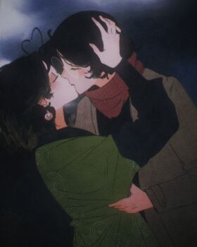 2girls absurdres ahoge alt_text black_hair black_shirt black_sleeves brown_cardigan cardigan closed_eyes commentary couple earrings english_commentary film_grain from_side glasses green_sweater hand_on_another's_head heart heart_ahoge highres jewelry kiss long_sleeves multiple_girls open_cardigan open_clothes original outdoors overcast profile red_scarf round_eyewear scarf self-portrait shirt short_hair sky spindle_(aidenr0) sweater upper_body yuri