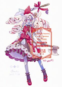 1girl :d axe black_bow blunt_bangs bow bright_pupils brown_dress brown_socks commentary_request dated dress full_body hair_bow hairband holding holding_axe long_hair looking_at_viewer mary_janes mochimura_sorata multiple_hair_bows open_mouth original patchwork_skin red_eyes red_hairband red_ribbon red_shoes ribbon shoes short_sleeves signature simple_background smile socks solo standing watermark white_background white_hair white_pupils