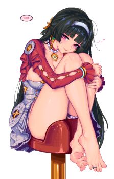 1girl absurdres astra_yao barefoot black_hair blush breasts chinese_text cleavage collarbone cut_bangs dress earrings feet female_pubic_hair foot_focus frilled_sleeves frills hair_intakes hairband highres hugging_own_legs jewelry knees_up large_breasts light_smile long_hair looking_at_viewer necklace no_panties pearl_necklace pink_eyes pixel_art presenting_foot pubic_hair red_shrug short_dress shrug_(clothing) sitting solo straight_hair thighs toe_ring toes translation_request uneven_bangs white_dress white_hairband wmmzkl zenless_zone_zero