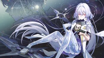 1girl absurdres breasts cassette_tape chinese_commentary closed_mouth commentary_request dress drone earrings grey_hair hair_intakes hair_ornament halo high_heels highres id_card jacket jewelry jimizuai- long_hair male_rover_(wuthering_waves) mornye_(wuthering_waves) purple_dress red_eyes rover_(wuthering_waves) see-through_body small_breasts smile tacet_mark_(wuthering_waves) triangle_earrings very_long_hair white_jacket wuthering_waves