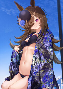 Rule 34 | 1girl, alternate costume, animal ears, bikini, black bikini, blue flower, blue rose, flipped hair, floral print, flower, hair over one eye, haori, hat, hat flower, highres, horse ears, horse girl, japanese clothes, long hair, looking at viewer, rice shower (umamusume), rose, smile, solo, swimsuit, tilted headwear, umamusume, yomean!