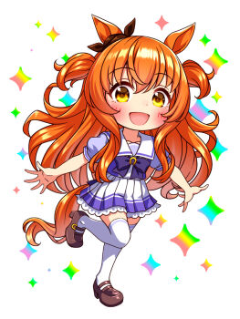 1girl animal_ears blush bow bowtie breasts brown_ribbon chibi chibi_only collarbone commentary_request ear_bow ear_ribbon full_body hair_between_eyes highres horse_ears horse_girl horse_tail long_hair looking_at_viewer mayano_top_gun_(umamusume) open_mouth orange_eyes orange_hair orange_tail pleated_skirt puffy_short_sleeves puffy_sleeves purple_bow purple_bowtie purple_shirt ribbon sailor_collar sailor_shirt school_uniform shirt shoes short_sleeves skirt small_breasts smile solo sugimotty_nova tail thighhighs tracen_school_uniform two_side_up umamusume white_sailor_collar white_skirt white_thighhighs zettai_ryouiki