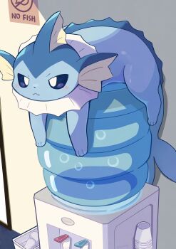 absurdres animal_focus blue_eyes blush closed_mouth fins forked_tail full_body gen_1_pokemon head_fins highres indoors komanychi looking_at_viewer nintendo no_humans pokemon pokemon_(creature) pokemon_focus solo tail vaporeon water water_cooler