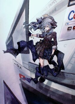 1girl arm_at_side ascot asymmetrical_legwear beret black_gloves blue_ascot blue_bow blue_hair blue_skirt bow buttons closed_mouth crown cursor double-breasted floating gloves google grey_hat grey_jacket grey_skirt hair_bow half_gloves hat highres holding hololive hoshimachi_suisei hoshimachi_suisei_(1st_costume) jacket kyrl looking_down mini_person minigirl plaid_clothes plaid_skirt protected_link side_ponytail sidelocks skirt skirt_set sleeve_cuffs solo through_medium through_screen uneven_legwear user_interface virtual_youtuber waist_bow white_background youtube