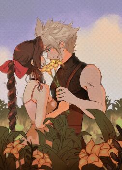 1boy 1girl aerith_gainsborough bare_arms bare_shoulders belt black_choker black_shirt blonde_hair blue_eyes braid braided_ponytail breasts brown_belt choker cloud cloud_strife cloudy_sky couple dress earrings final_fantasy final_fantasy_vii flower hair_between_eyes hair_ribbon hetero highres jewelry lily_(flower) looking_at_another medium_breasts outdoors parted_bangs pink_dress pink_ribbon ribbon shirt short_hair sidelocks single_braid single_earring sky sleeveless sleeveless_turtleneck softp3ach spaghetti_strap spiked_hair turtleneck upper_body yellow_flower