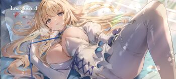 1girl absurdres artist_request blonde_hair blue_eyes breasts closed_mouth copyright_name corset elbow_gloves eva_(lost_sword) gloves highres holding holding_leash leash long_hair lost_sword:_tales_of_britania pillow red_petals solo white_corset white_gloves zipper zipper_pull_tab