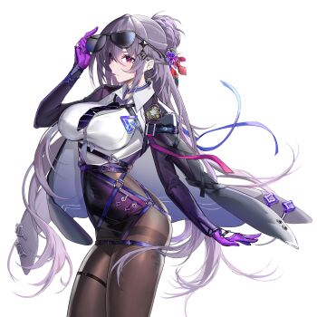 1girl absurdres adjusting_eyewear artist_request ass belt black_skirt bodystocking breasts collared_shirt covered_navel cowboy_shot diagonal-striped_clothes diagonal-striped_necktie diamond_hair_ornament earrings eyewear_on_head gloves hair_between_eyes highres jewelry kirima_ruka large_breasts long_hair looking_at_viewer loose_necktie multicolored_eyes necktie official_art poker_fate purple_eyes purple_gloves purple_hair purple_necktie red_eyes see-through_bodystocking shirt skindentation skirt solo striped_clothes sunglasses taut_clothes taut_skirt thigh_belt thigh_strap thighband_bodystocking transparent_background very_long_hair