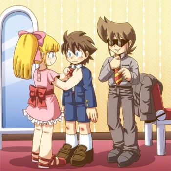 1girl 2boys artist_request blonde_hair blush bottie brown_hair capcom child dress fancy_dress fancy_suit jacket mega_man_(character) mega_man_(series) messy_hair multiple_boys necktie pants ponytail proto_man robot_boy roll_(mega_man) shirt shoes shorts sibling smile socks sunglasses